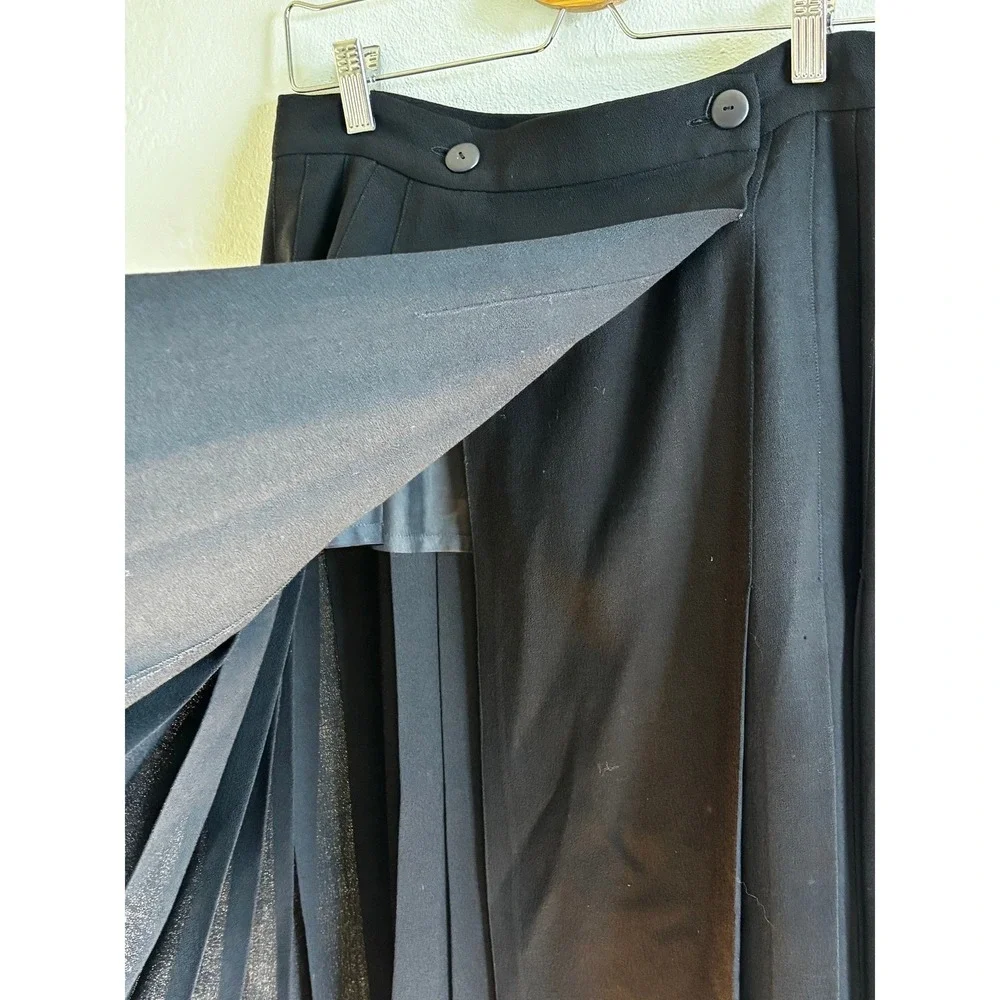 LANVIN Vintage Black Wool‎ Blend Pleated Wrap Skirt Size 42 US 6-8